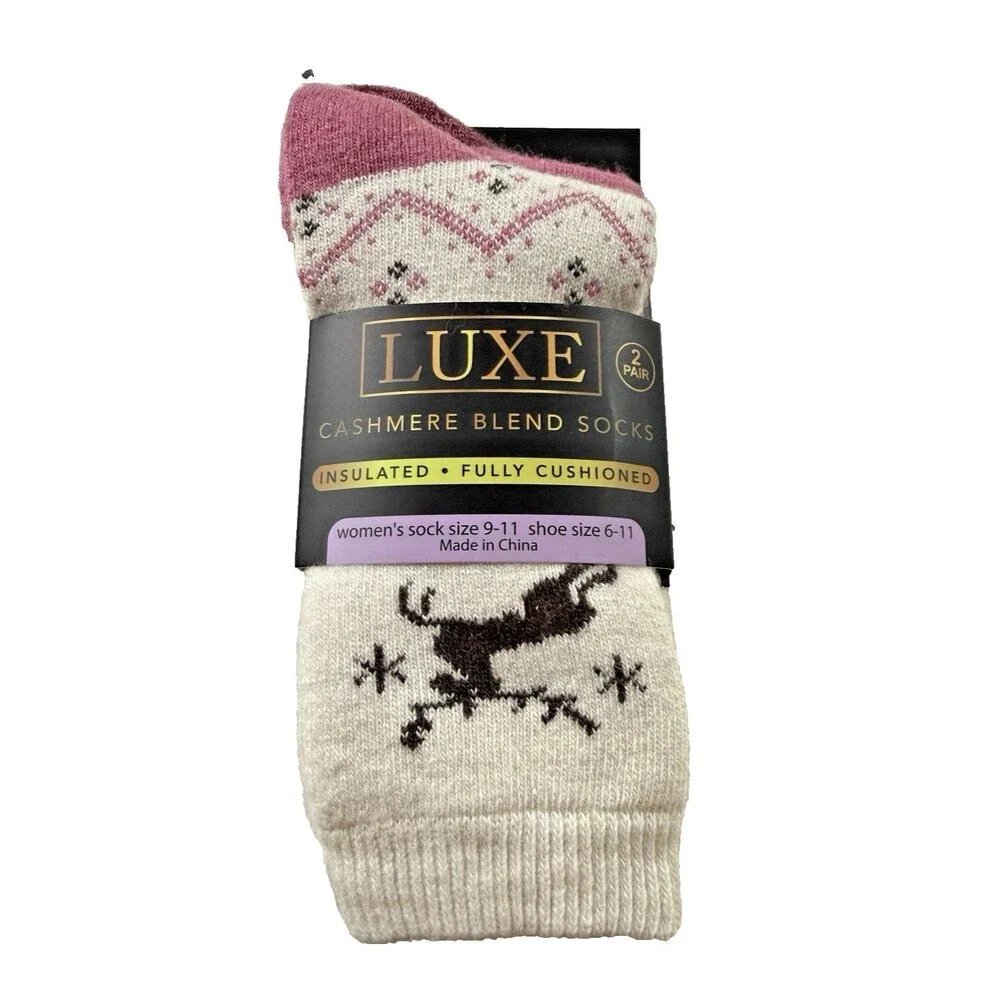 Luxe Cashmere Blend Ladies Reindeer Socks Ivory Pink 2 Pair Stocking Stuffer